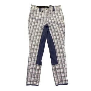 On Course Plaid Equestrian Breeches Grey Purple Knee Patch Riding Pants Sz 27"